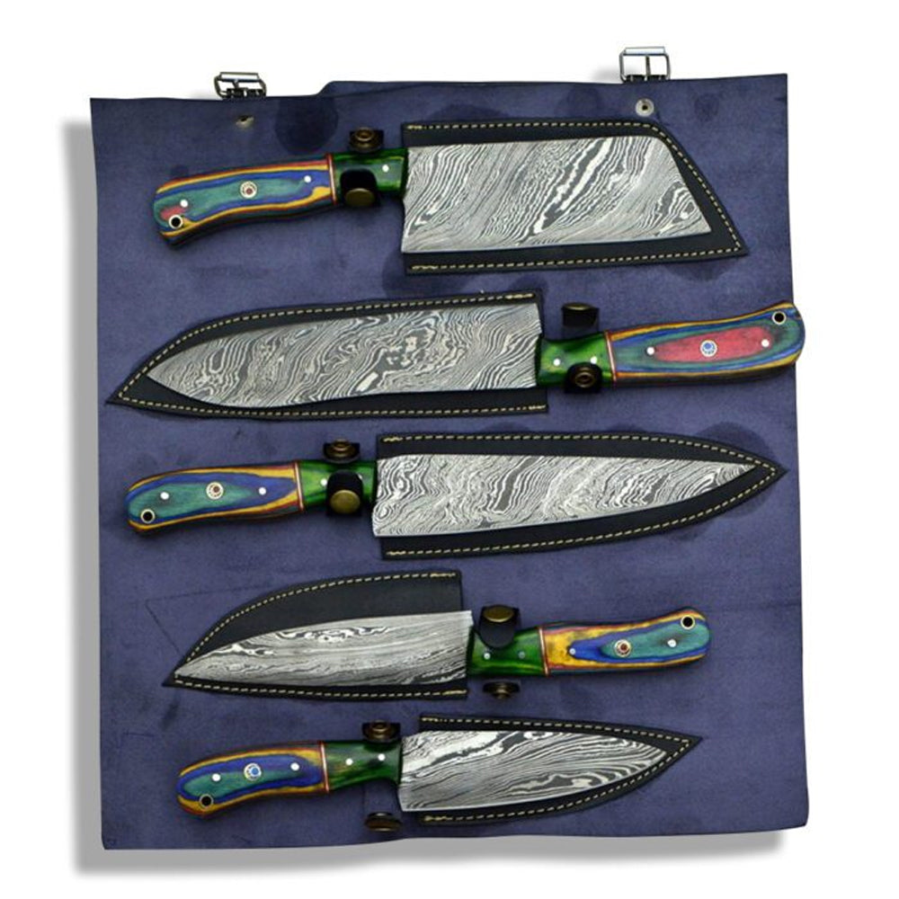 5 piece Damascus steel chef knife set in navy leather roll with buckle straps