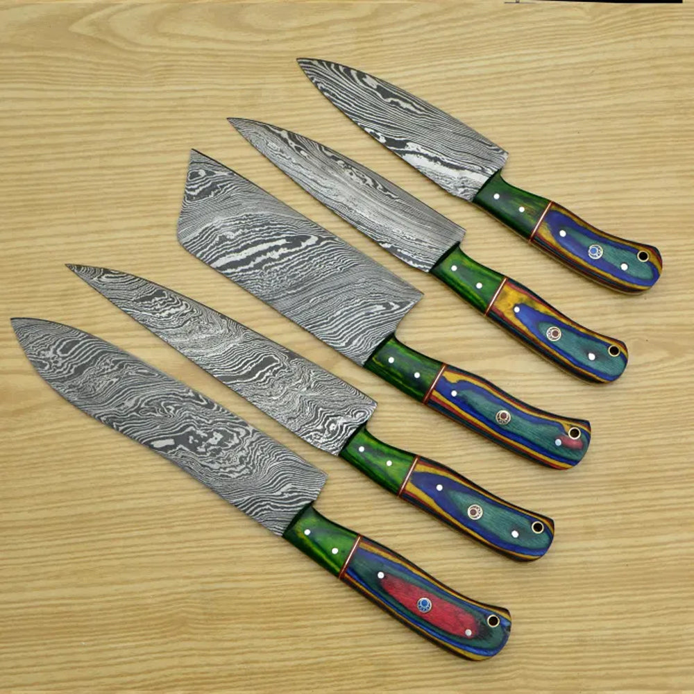 Damascus steel chef knife blades fanned with multicolor pakka wood handles