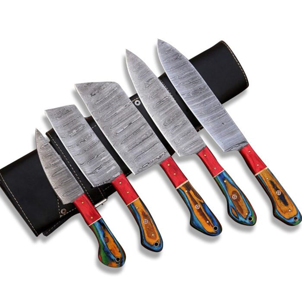5 piece Damascus steel chef knife set fanned out with leather roll case