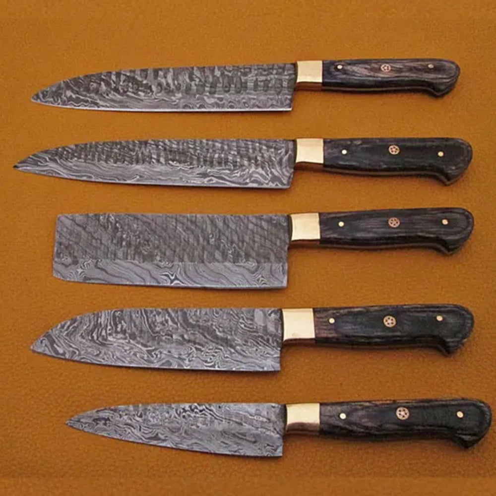 Damascus steel chef knife blades with brass bolster and mosaic pin handles
