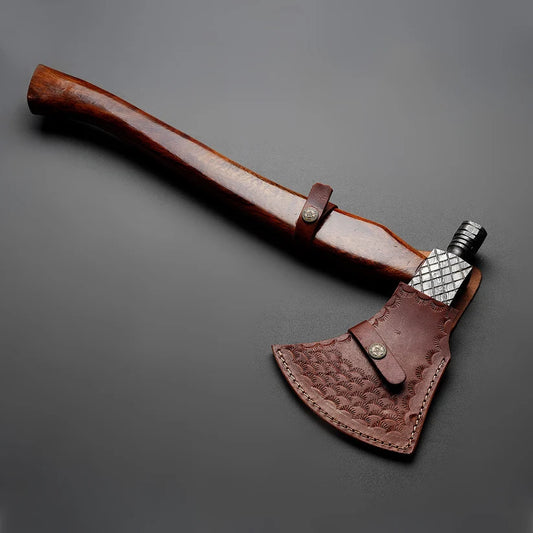 Custom Hand-Forged Damascus Steel Axe, Rosewood Handle, Vegetable Tanned Leather Sheath