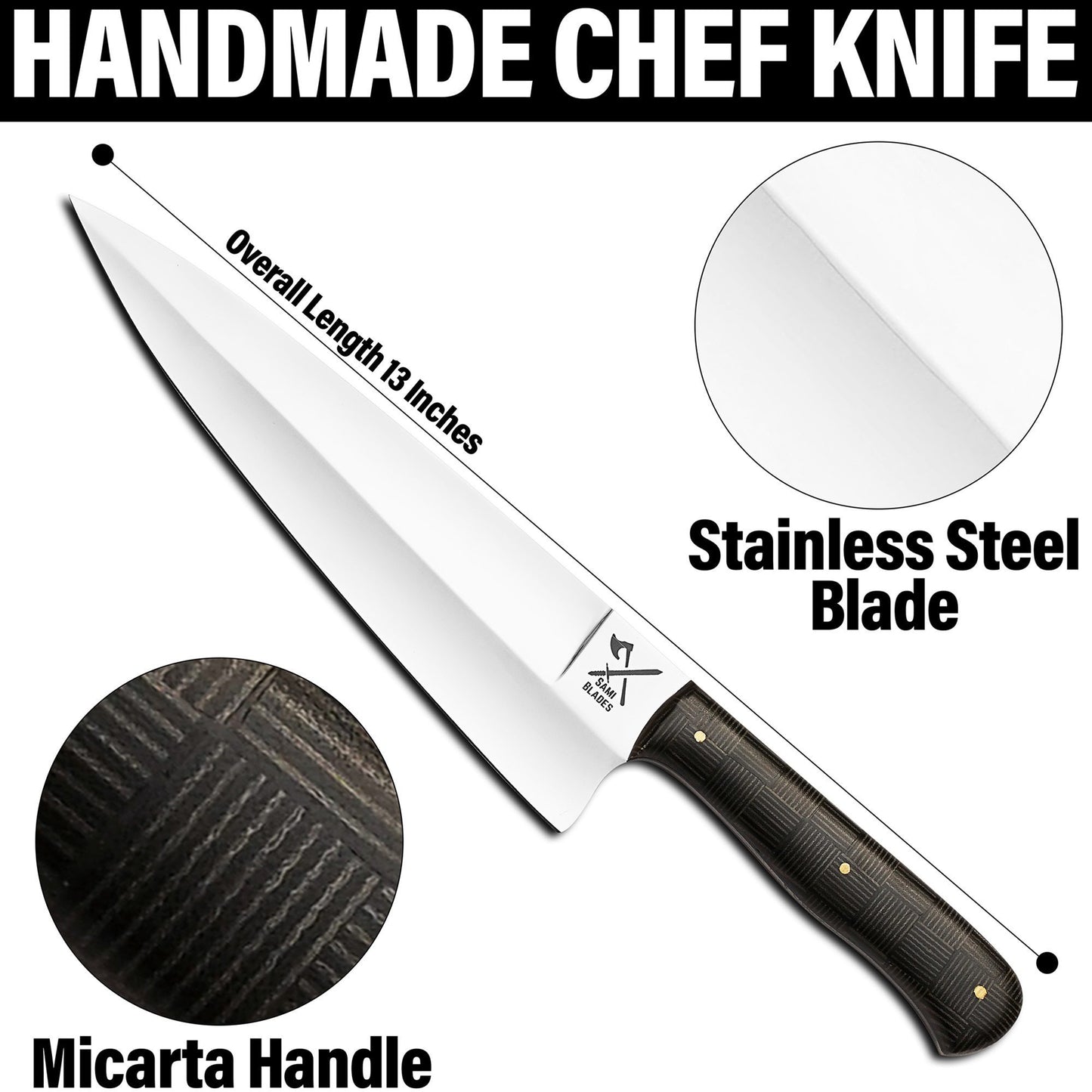 Professional Stainless Steel Chef Knife, 13 Inch High Carbon Blade, 8 Inch Sharp High Polish Kitchen Knife with Micarta Handle for Meat Cutting & Cooking