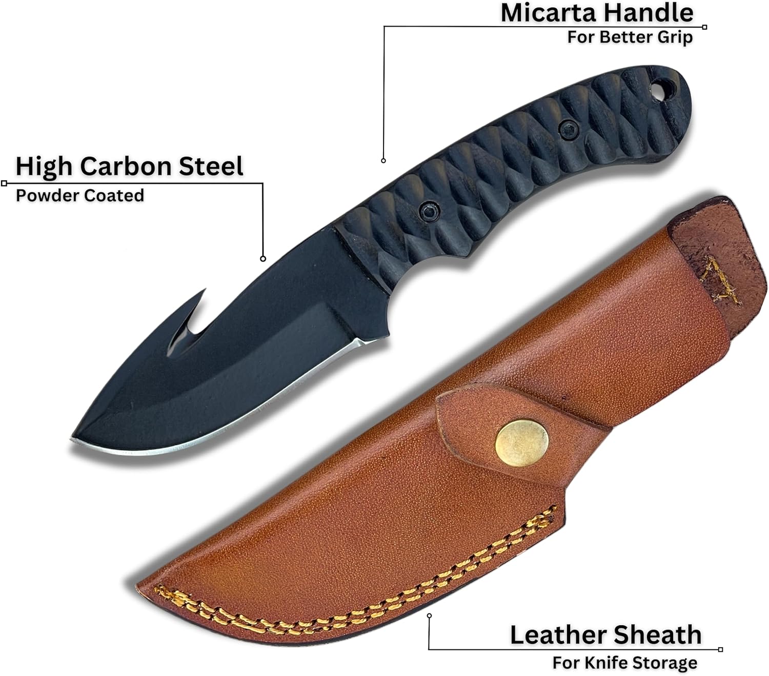High Carbon Steel Gut Hook Skinning Knife with gut hook blade, textured micarta grip, and snap-button leather sheath