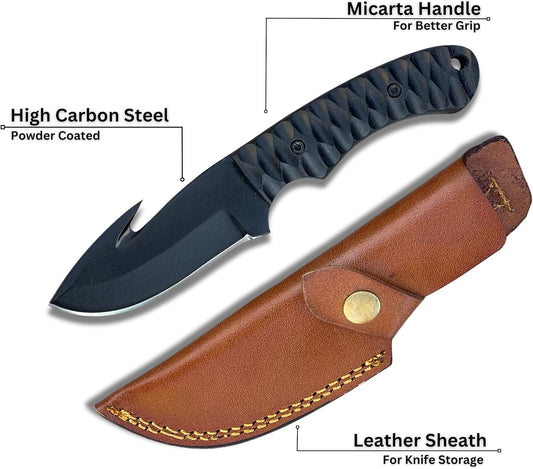 High Carbon Steel Gut Hook Skinning Knife with gut hook blade, textured micarta grip, and snap-button leather sheath