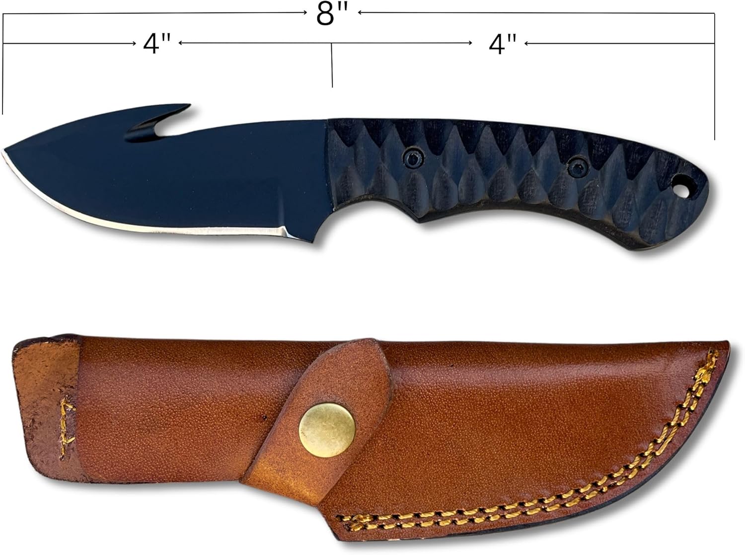 High Carbon Steel Gut Hook Skinning Knife dimensions showing 8 inch total length with leather sheath