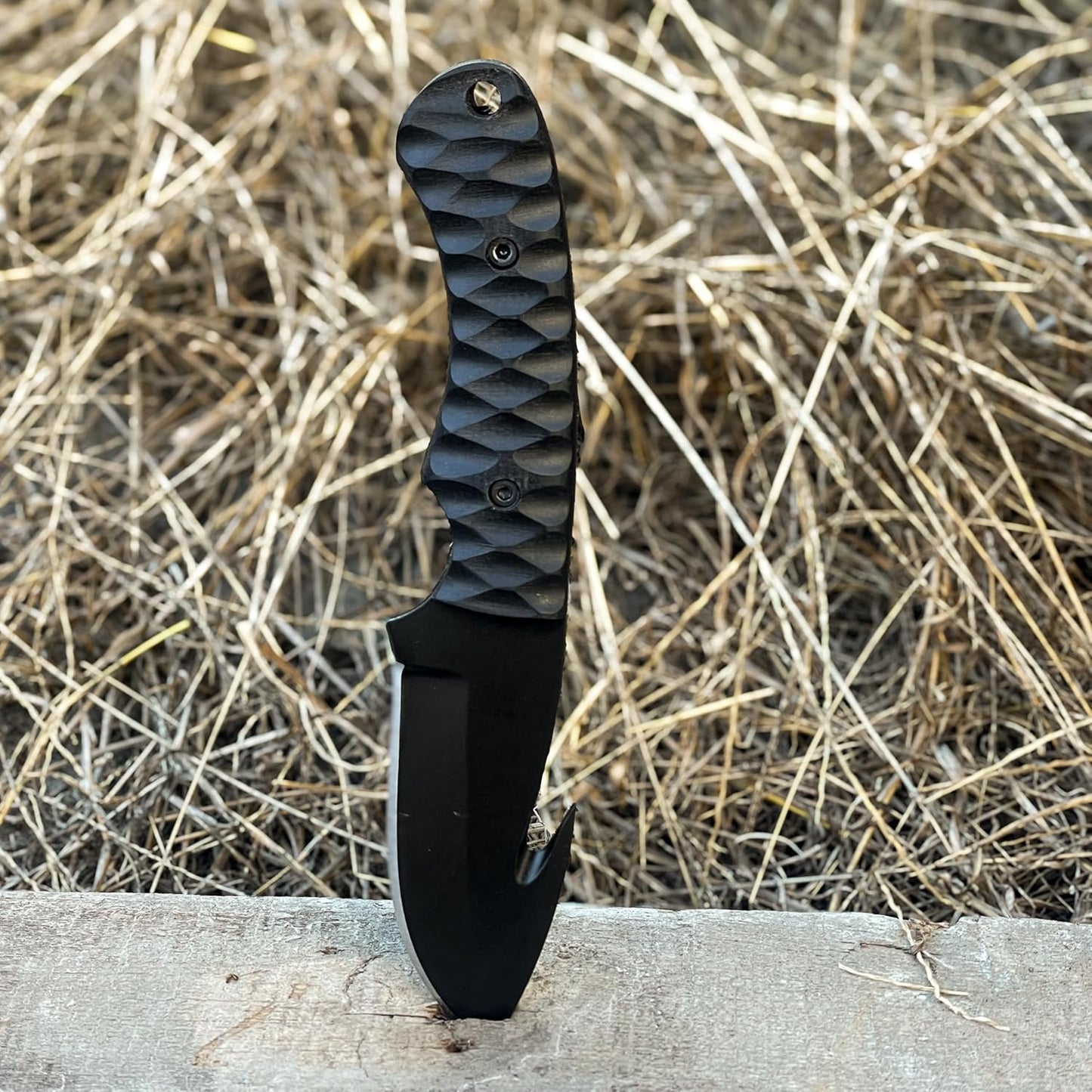 High Carbon Steel Gut Hook Skinning Knife standing upright in wooden beam with hay background