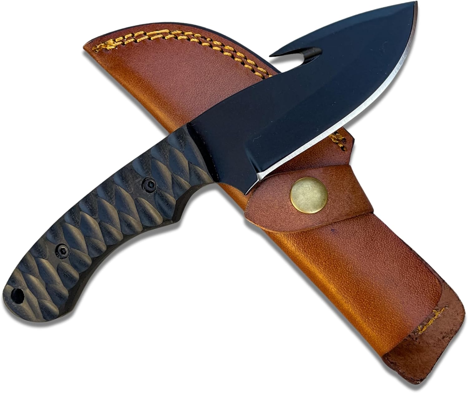 High Carbon Steel Gut Hook Skinning Knife featuring textured wood handle and snap-button leather sheath