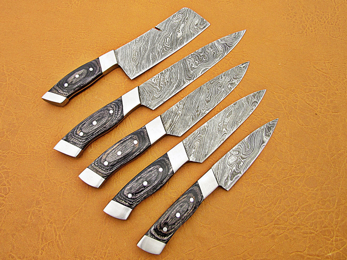 5 pcs Damascus steel kitchen knives featuring patterned blades and ergonomic black wood handles