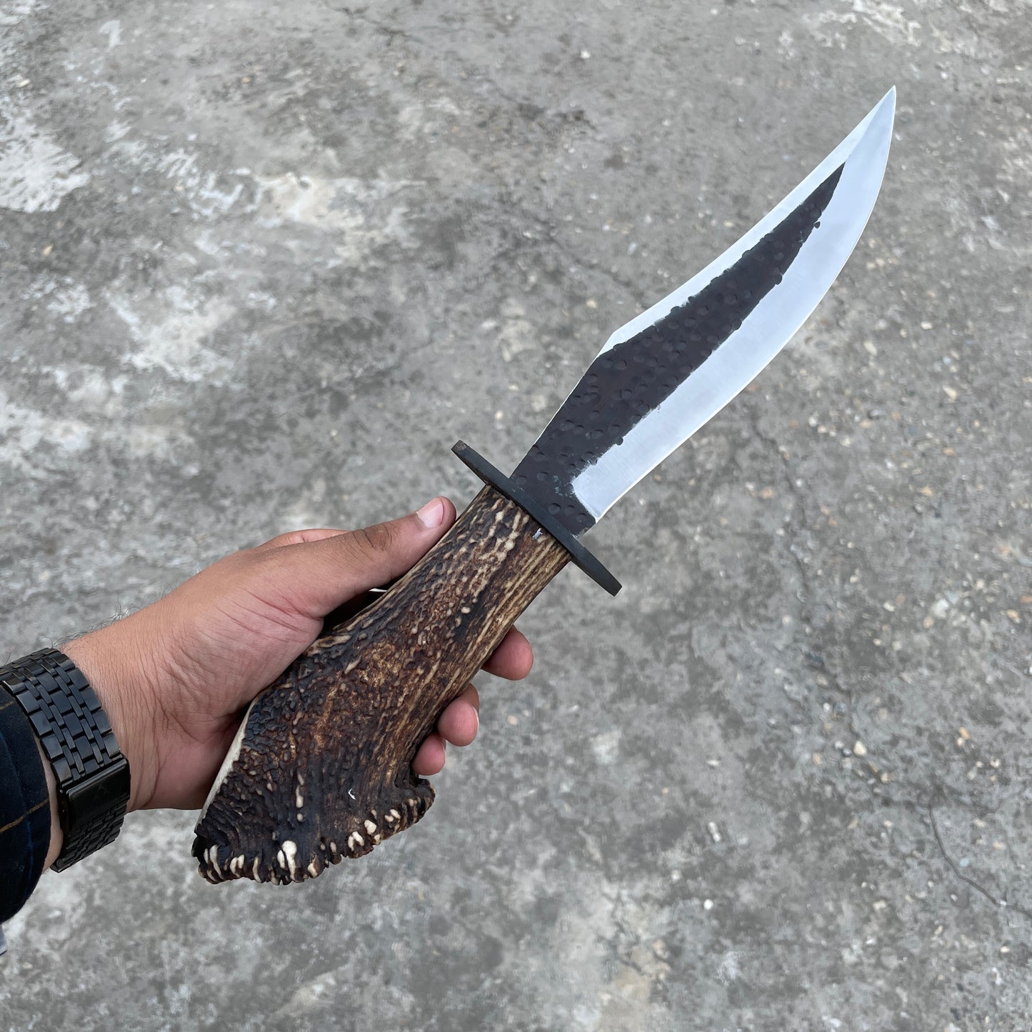 Authentic Hand Forged Crown Stag Bowie Knife, High Carbon Steel Blade with Antler Handle & Leather Sheath, Custom Handmade Stag Horn Hunting Knife