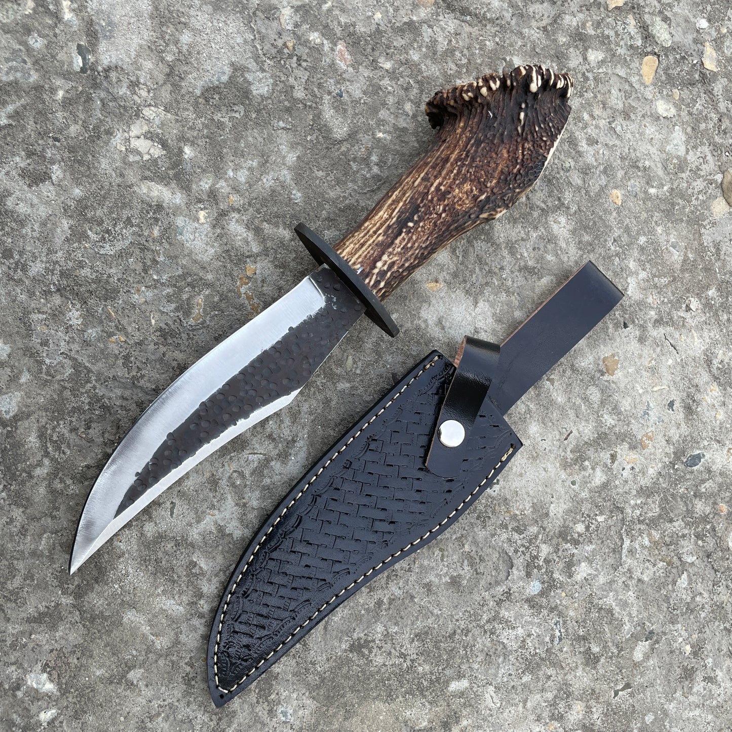 Authentic Hand Forged Crown Stag Bowie Knife, High Carbon Steel Blade with Antler Handle & Leather Sheath, Custom Handmade Stag Horn Hunting Knife