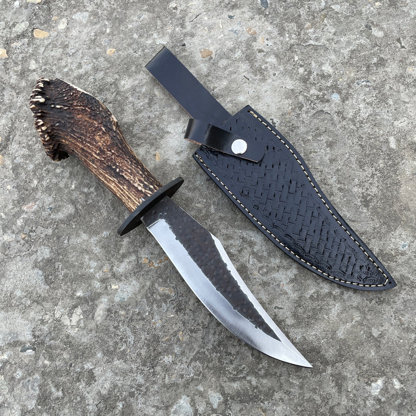 Authentic Hand Forged Crown Stag Bowie Knife, High Carbon Steel Blade with Antler Handle & Leather Sheath, Custom Handmade Stag Horn Hunting Knife