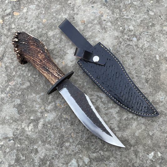 Authentic Hand Forged Crown Stag Bowie Knife, High Carbon Steel Blade with Antler Handle & Leather Sheath, Custom Handmade Stag Horn Hunting Knife