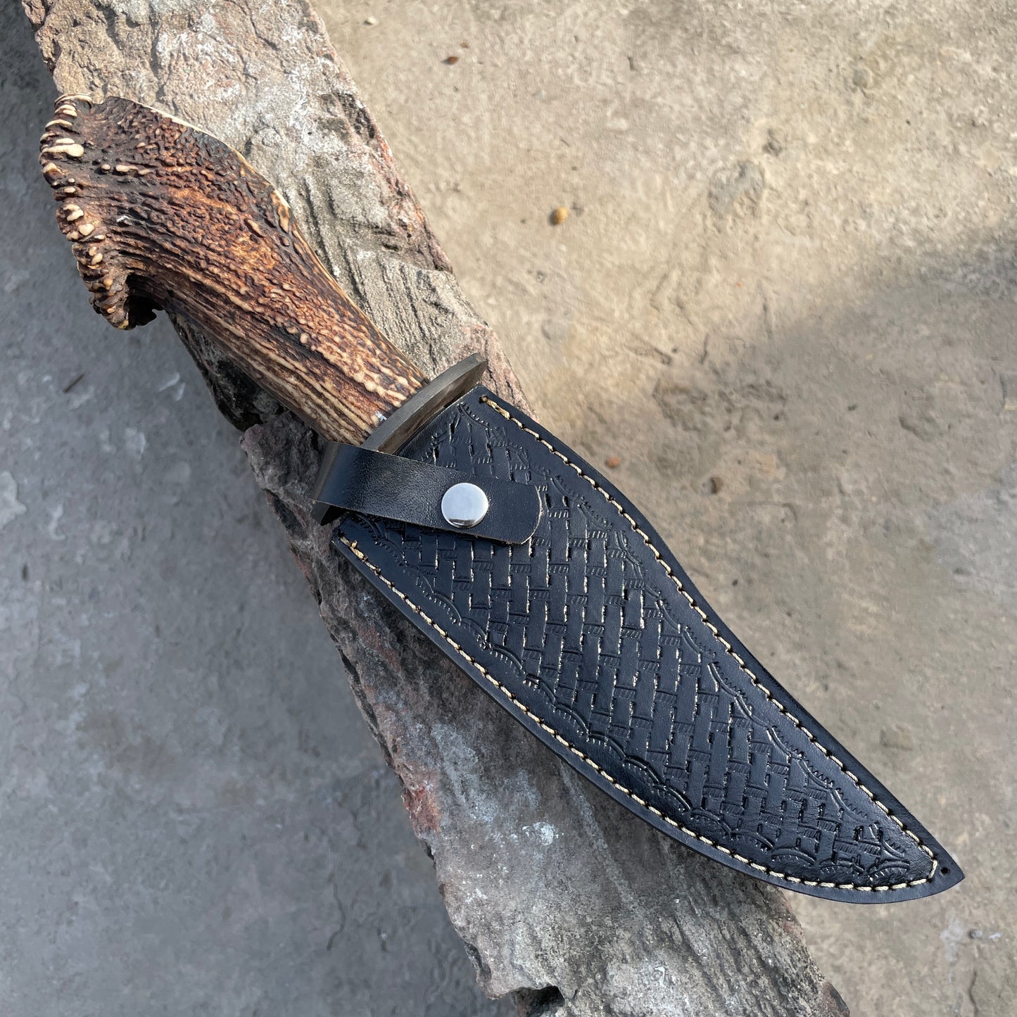 Authentic Hand Forged Crown Stag Bowie Knife, High Carbon Steel Blade with Antler Handle & Leather Sheath, Custom Handmade Stag Horn Hunting Knife