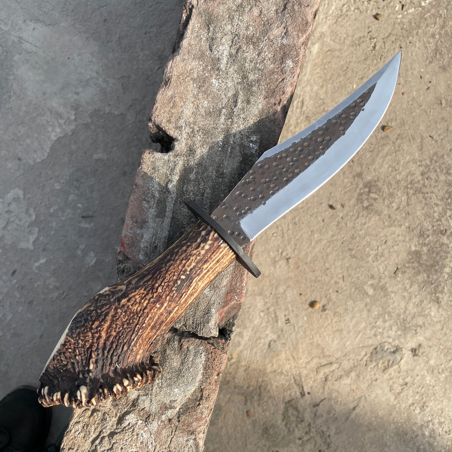 Authentic Hand Forged Crown Stag Bowie Knife, High Carbon Steel Blade with Antler Handle & Leather Sheath, Custom Handmade Stag Horn Hunting Knife