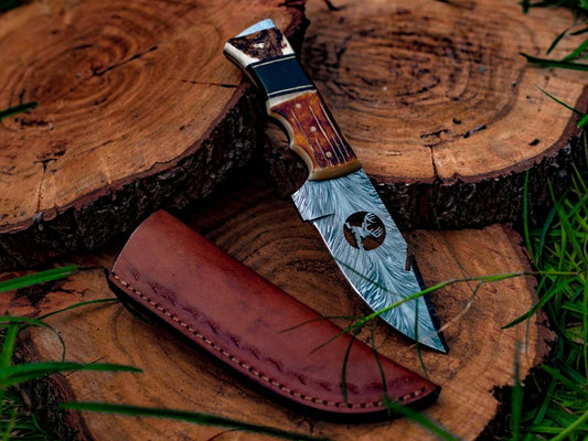 11 Inch Damascus Steel Skinner Knife with Bone and Wood Handle