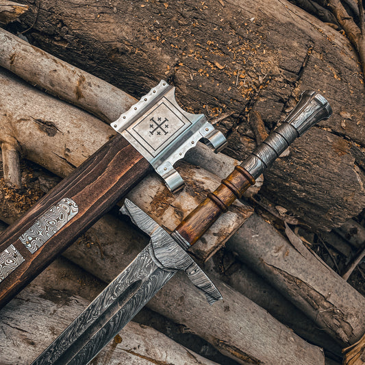 Handmade Damascus Steel Arming Sword Scabbard, Knight Longsword, Decorative Damascus Cosplay Sword Wall Decor Gift