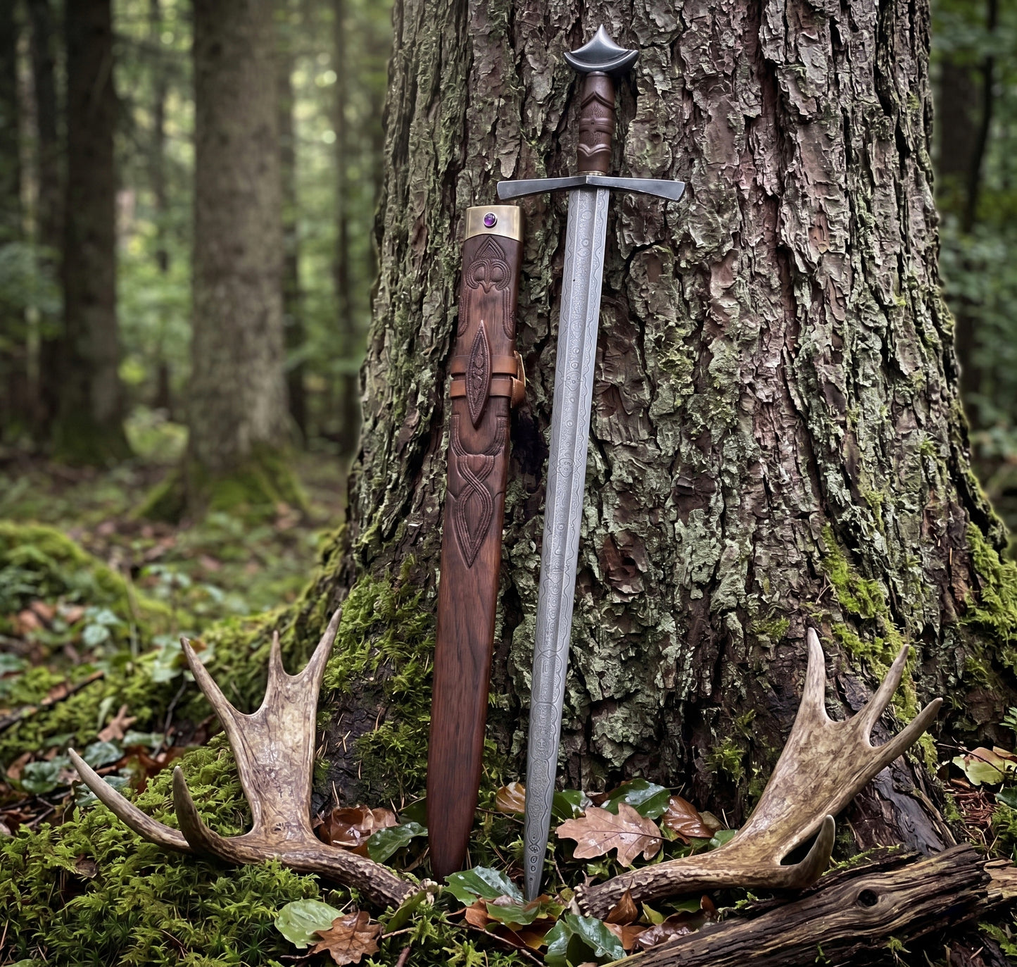 Medieval Knight Sword Damascus Steel Longsword with Carved Wood Scabbard, Engraved Fantasy Greatsword for Cosplay
