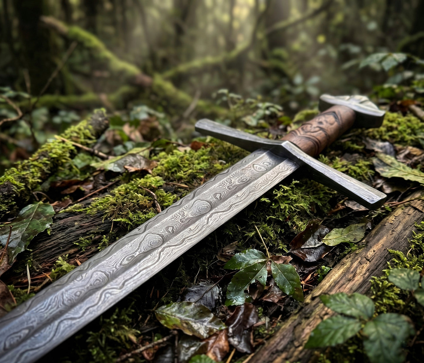 Medieval Knight Sword Damascus Steel Longsword with Carved Wood Scabbard, Engraved Fantasy Greatsword for Cosplay