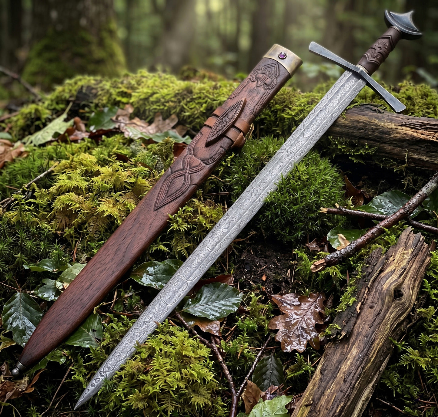 Medieval Knight Sword Damascus Steel Longsword with Carved Wood Scabbard, Engraved Fantasy Greatsword for Cosplay