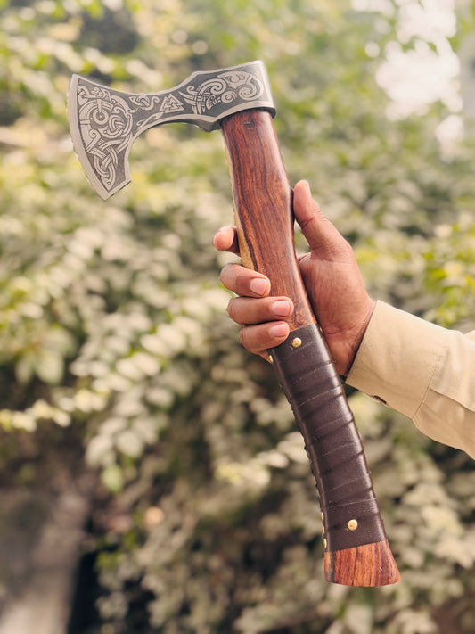 Hand-Forged Norse Valknut Axe, Intricate Engraved Steel & Pinned Leather Grip