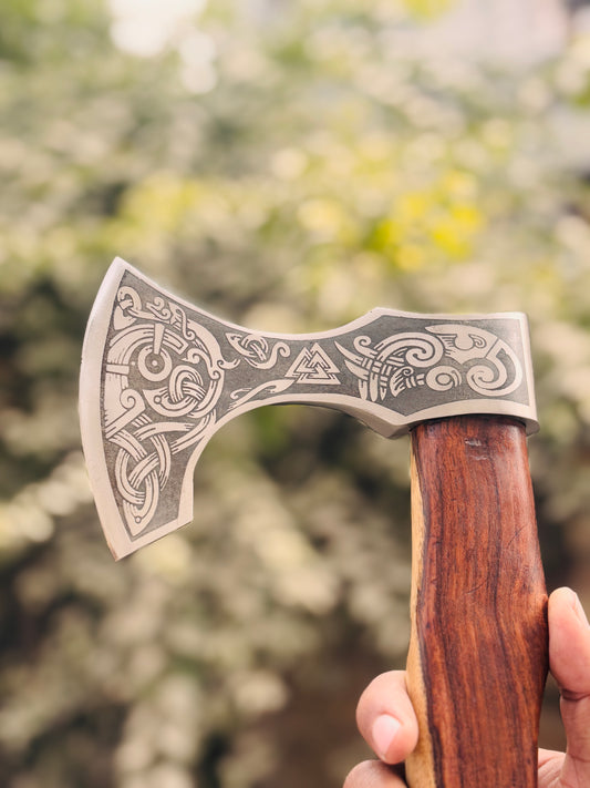 Hand-Forged Norse Valknut Axe, Intricate Engraved Steel & Pinned Leather Grip