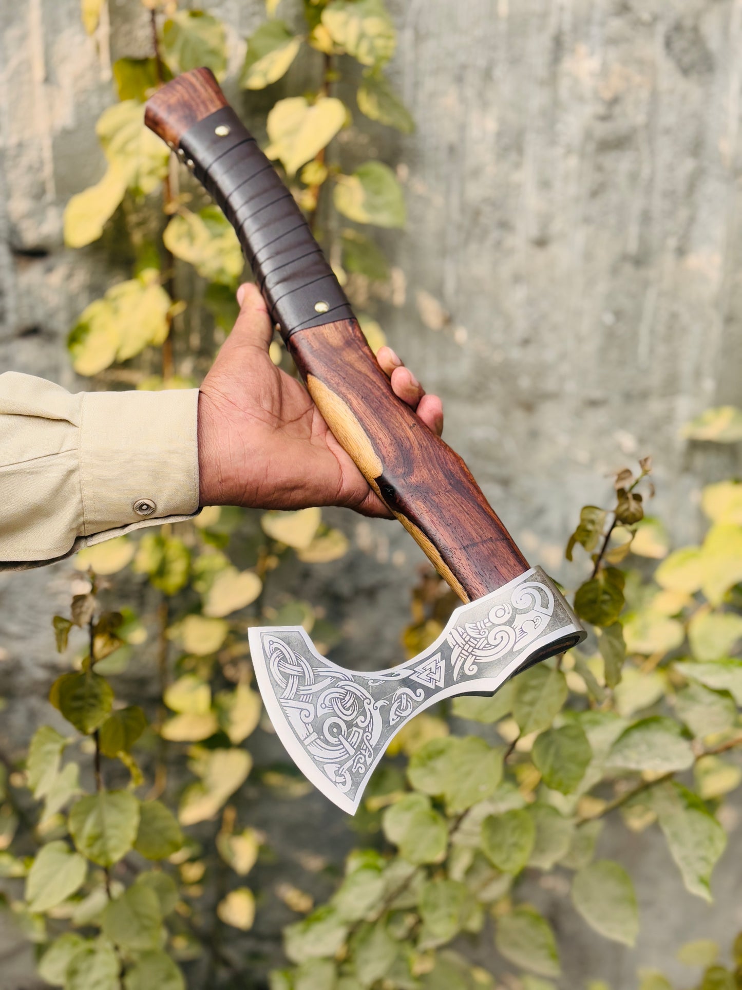 Hand-Forged Norse Valknut Axe, Intricate Engraved Steel & Pinned Leather Grip