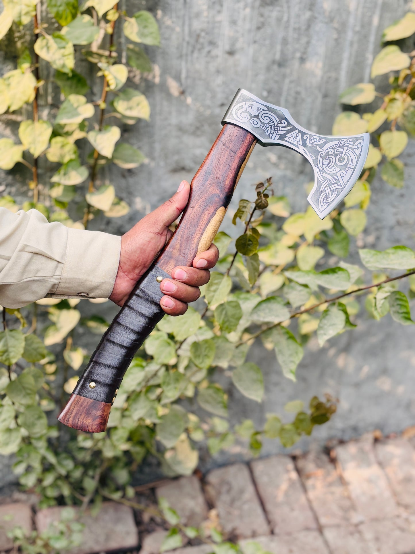 Handforged Norse Viking Bearded Axe, Engraved Carbon Steel & Rosewood Handle