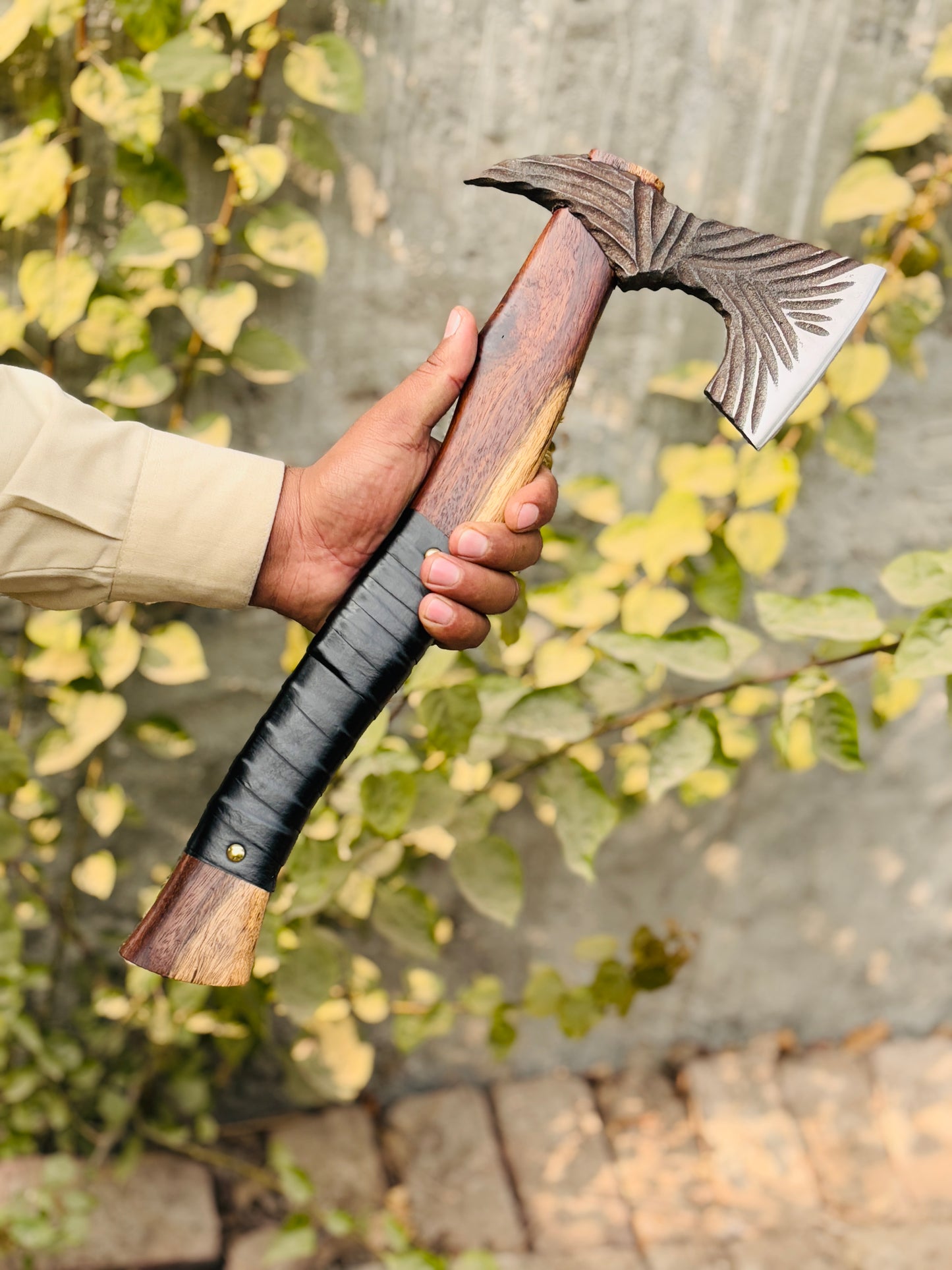 Hand-Forged Steel "Raven Wing" Axe, Custom Sculpted Head with Leather Grip