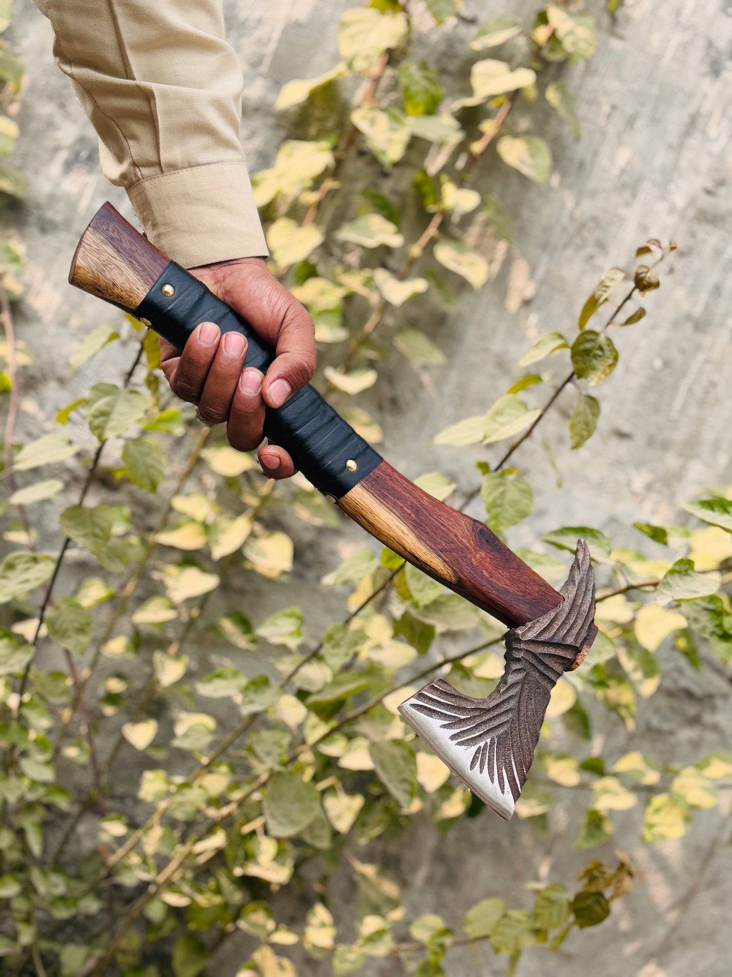 Hand-Forged Steel "Raven Wing" Axe, Custom Sculpted Head with Leather Grip