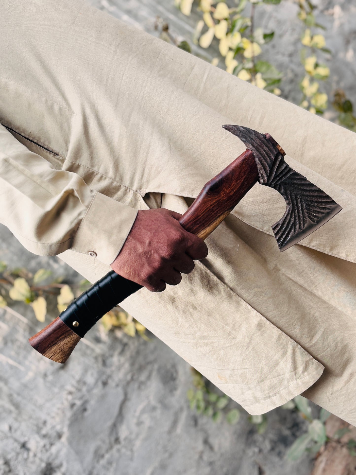 Hand-Forged Steel "Raven Wing" Axe, Custom Sculpted Head with Leather Grip