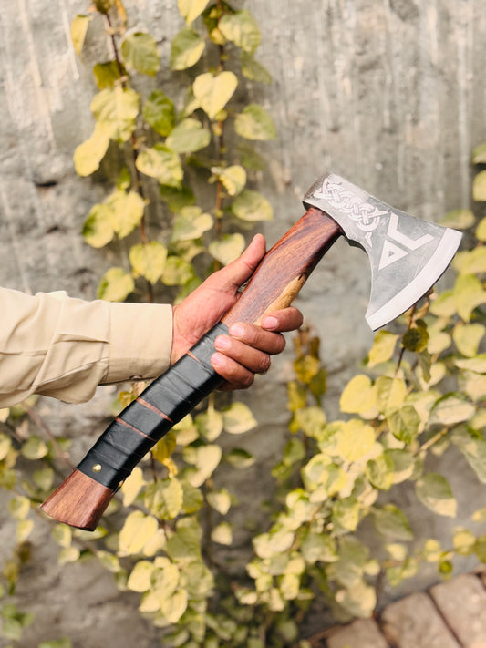 Custom Engraved Viking Hatchet, Hand-Forged Steel Camping Axe with Leather Grip