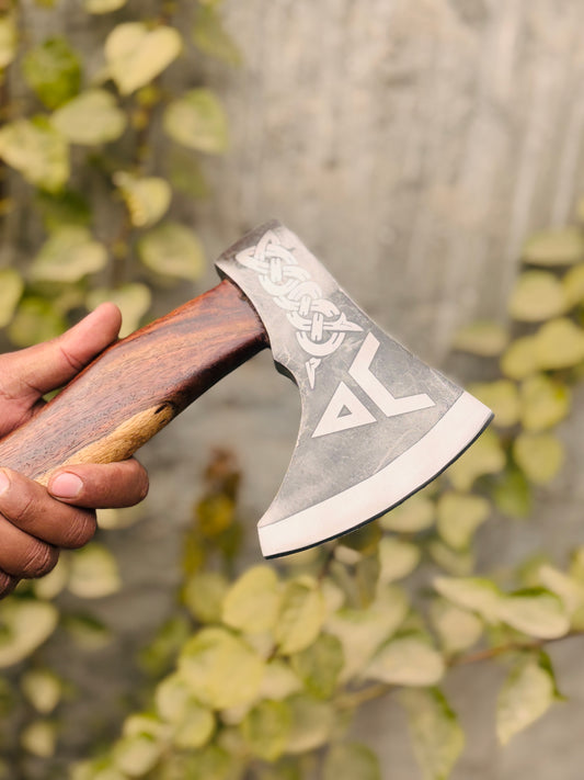 Custom Engraved Viking Hatchet, Hand-Forged Steel Camping Axe with Leather Grip