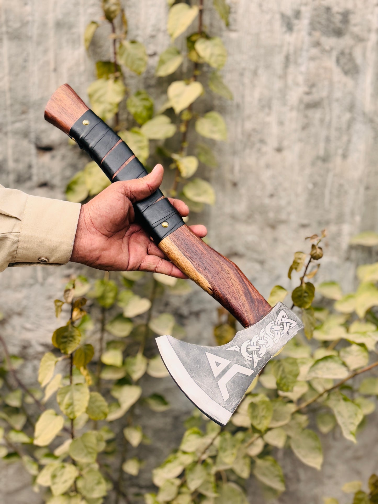 Custom Engraved Viking Hatchet, Hand-Forged Steel Camping Axe with Leather Grip