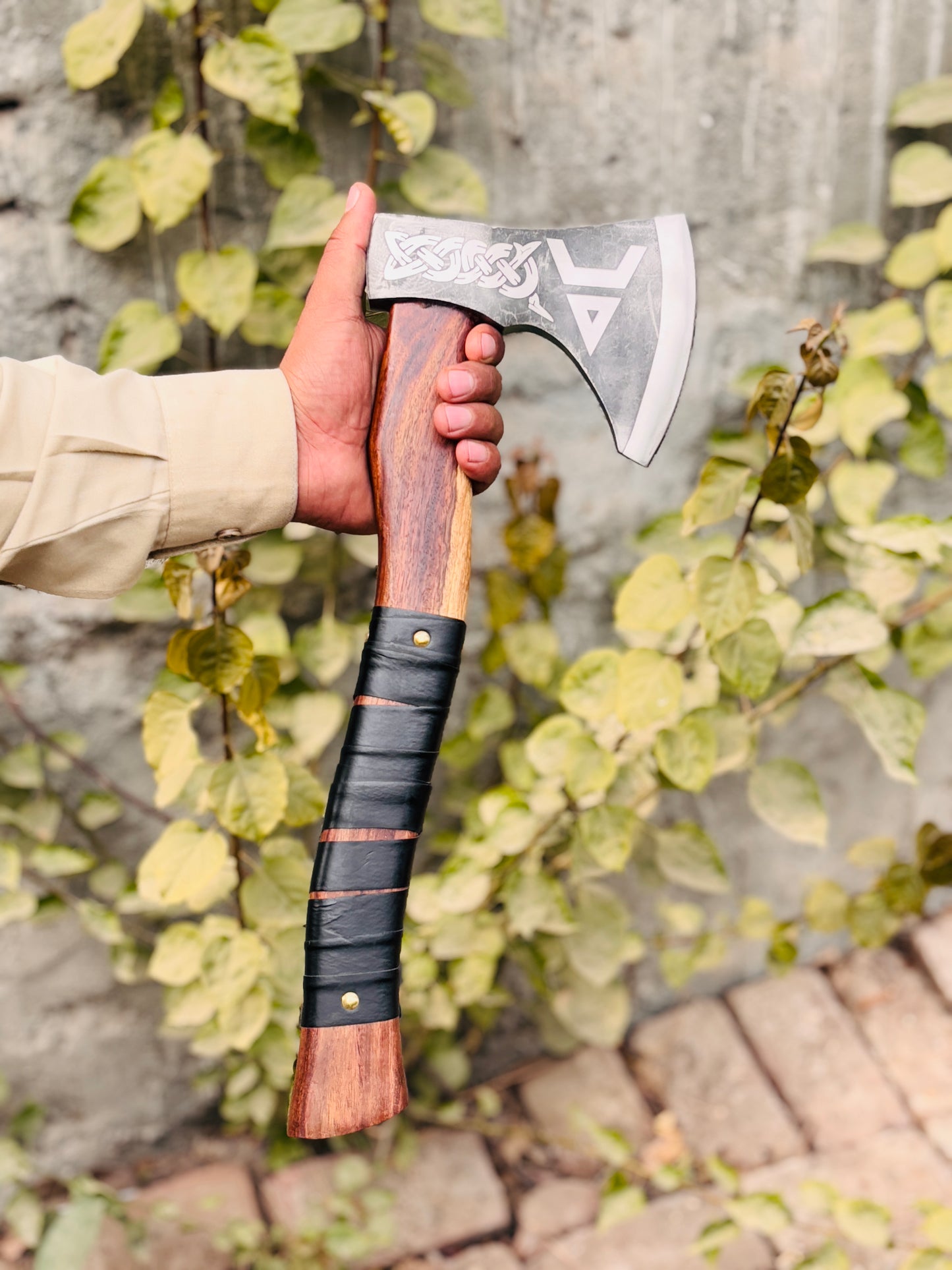 Custom Engraved Viking Hatchet, Hand-Forged Steel Camping Axe with Leather Grip