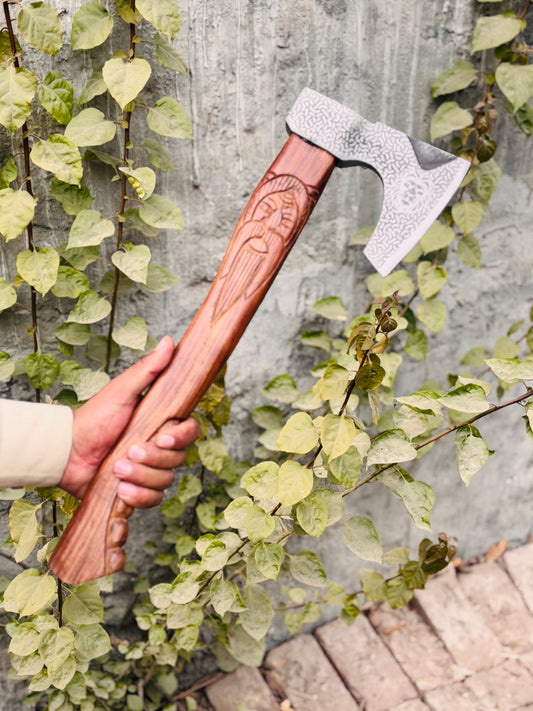 Hand-Carved Odin's Visage Viking Axe, Etched Steel & Sculpted Wood Handle
