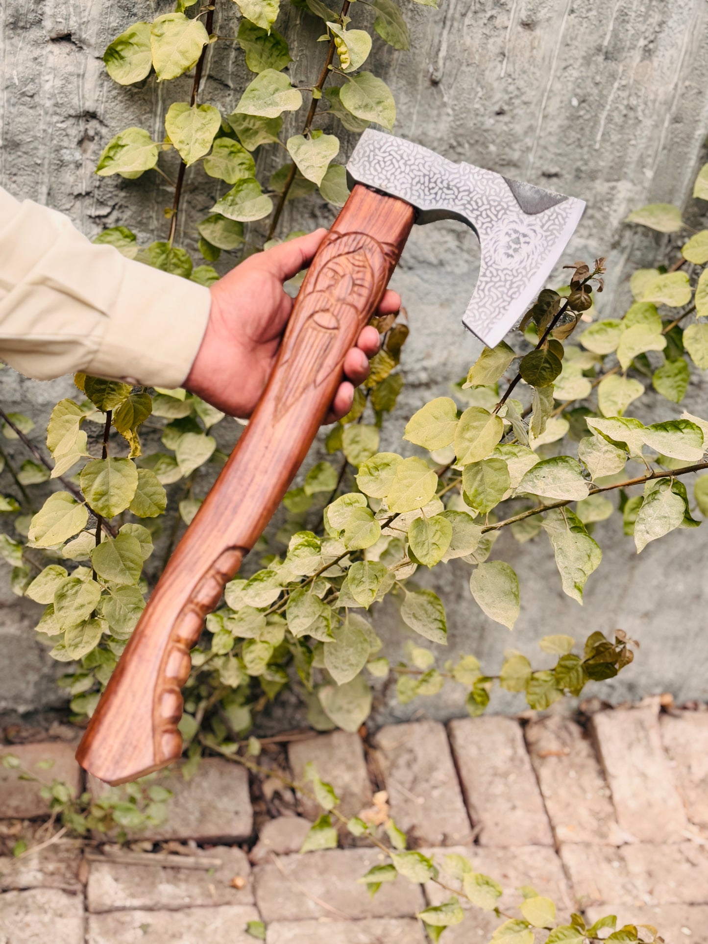Hand-Carved Odin's Visage Viking Axe, Etched Steel & Sculpted Wood Handle