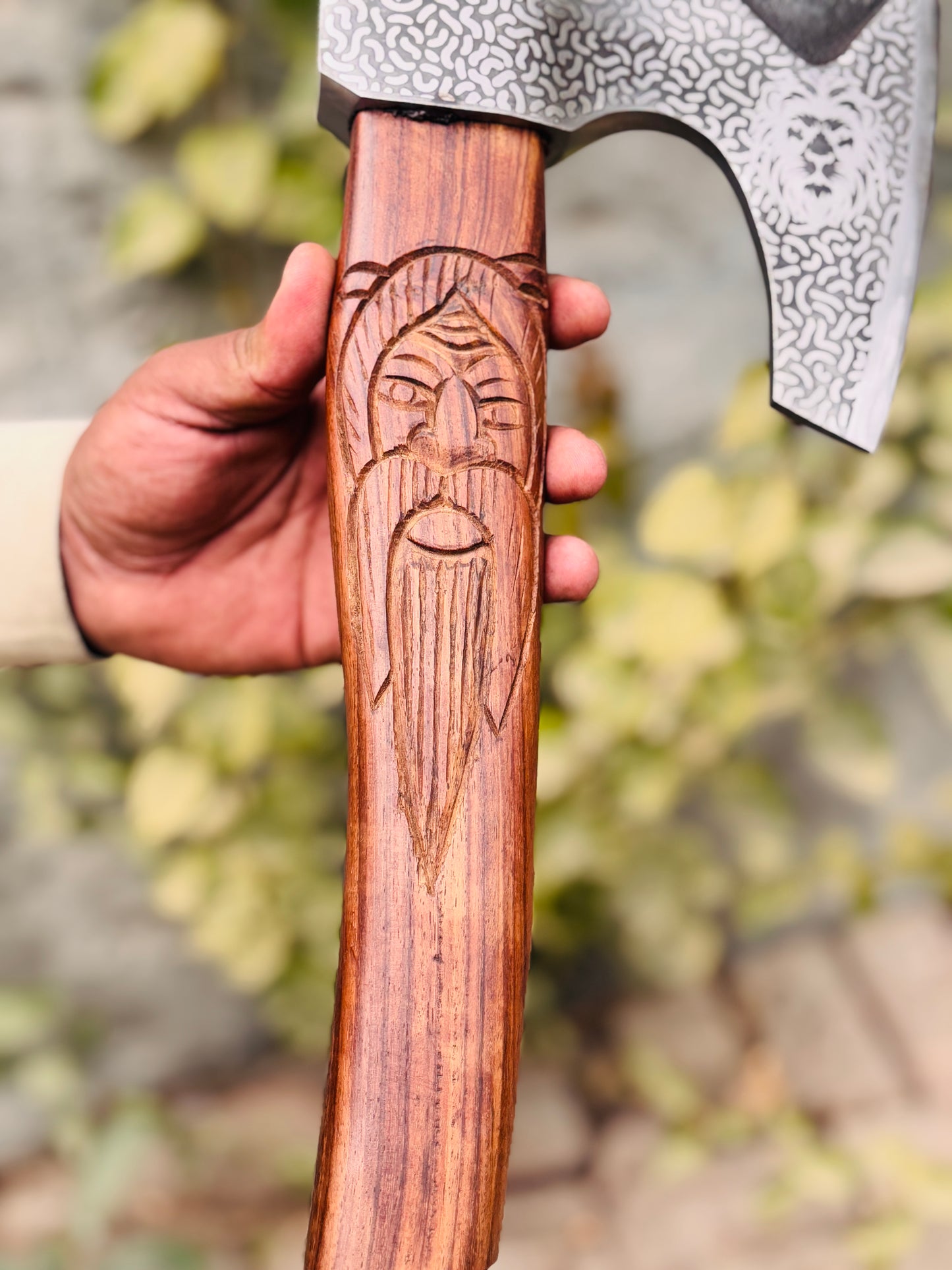 Hand-Carved Odin's Visage Viking Axe, Etched Steel & Sculpted Wood Handle