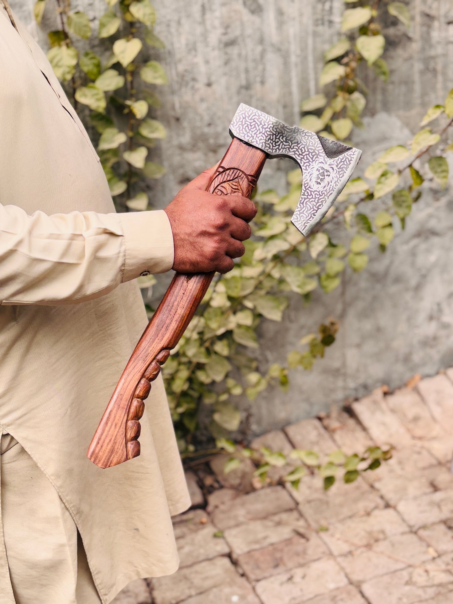 Hand-Carved Odin's Visage Viking Axe, Etched Steel & Sculpted Wood Handle
