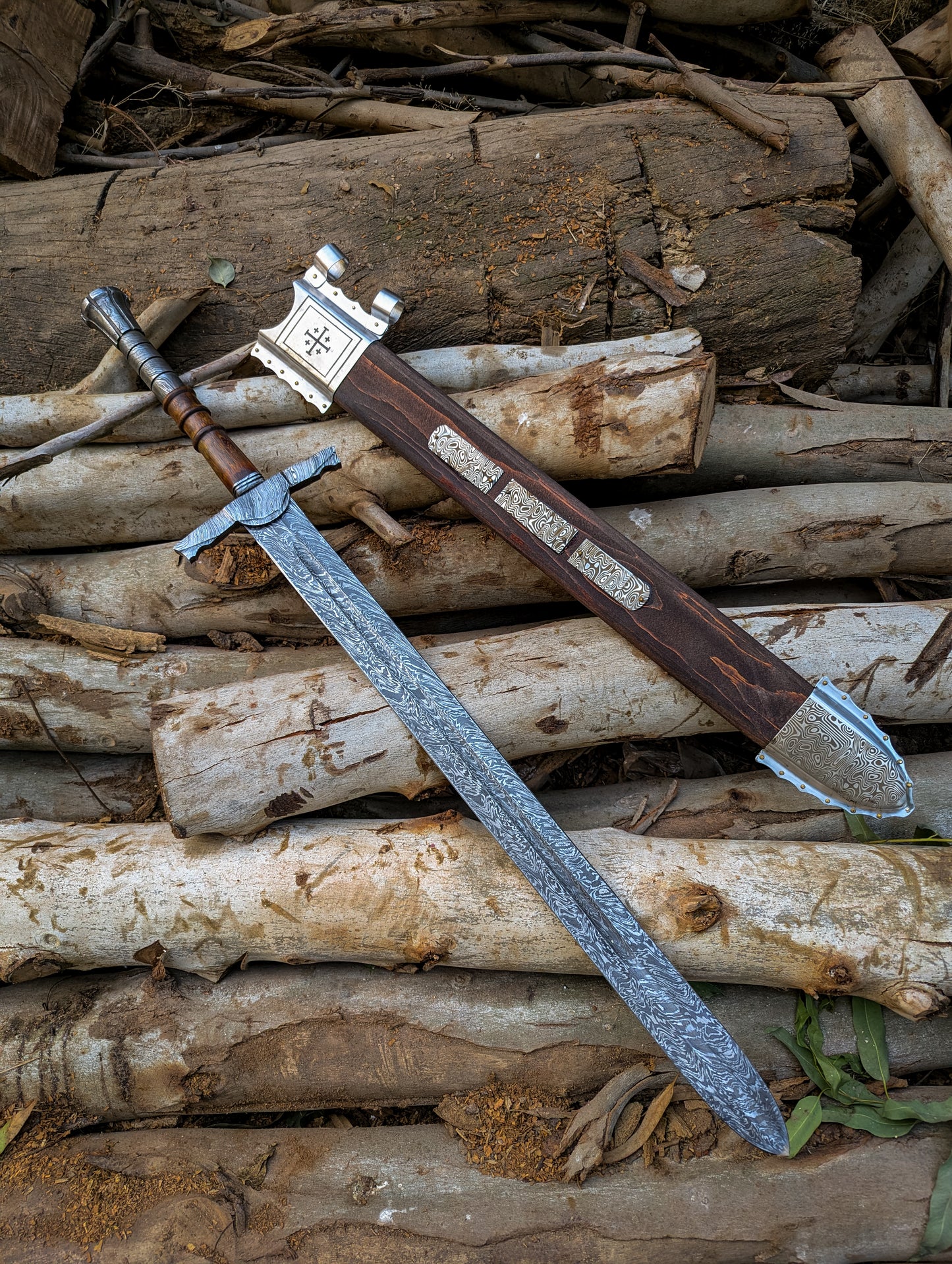 Handmade Damascus Steel Arming Sword Scabbard, Knight Longsword, Decorative Damascus Cosplay Sword Wall Decor Gift