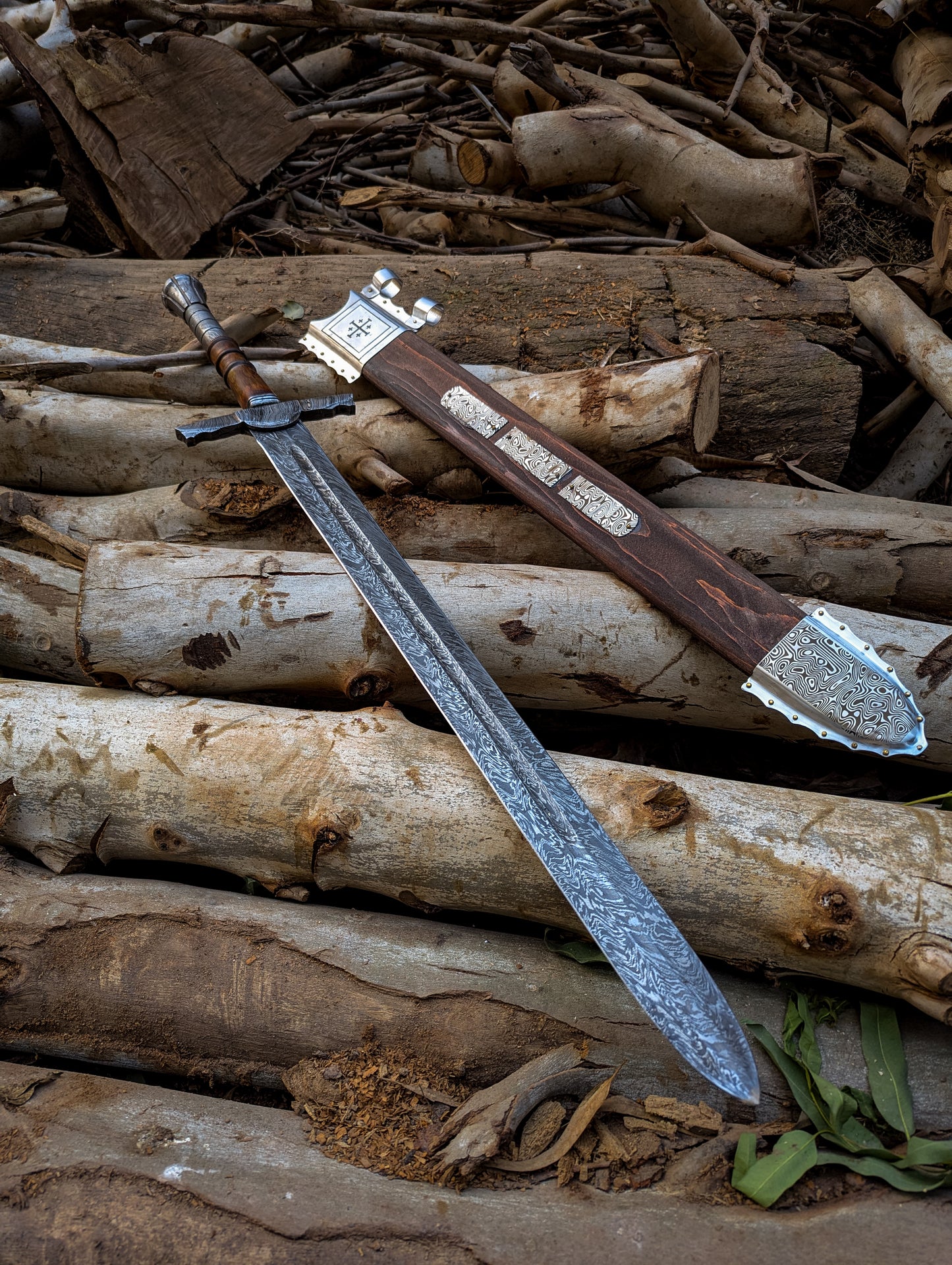 Handmade Damascus Steel Arming Sword Scabbard, Knight Longsword, Decorative Damascus Cosplay Sword Wall Decor Gift