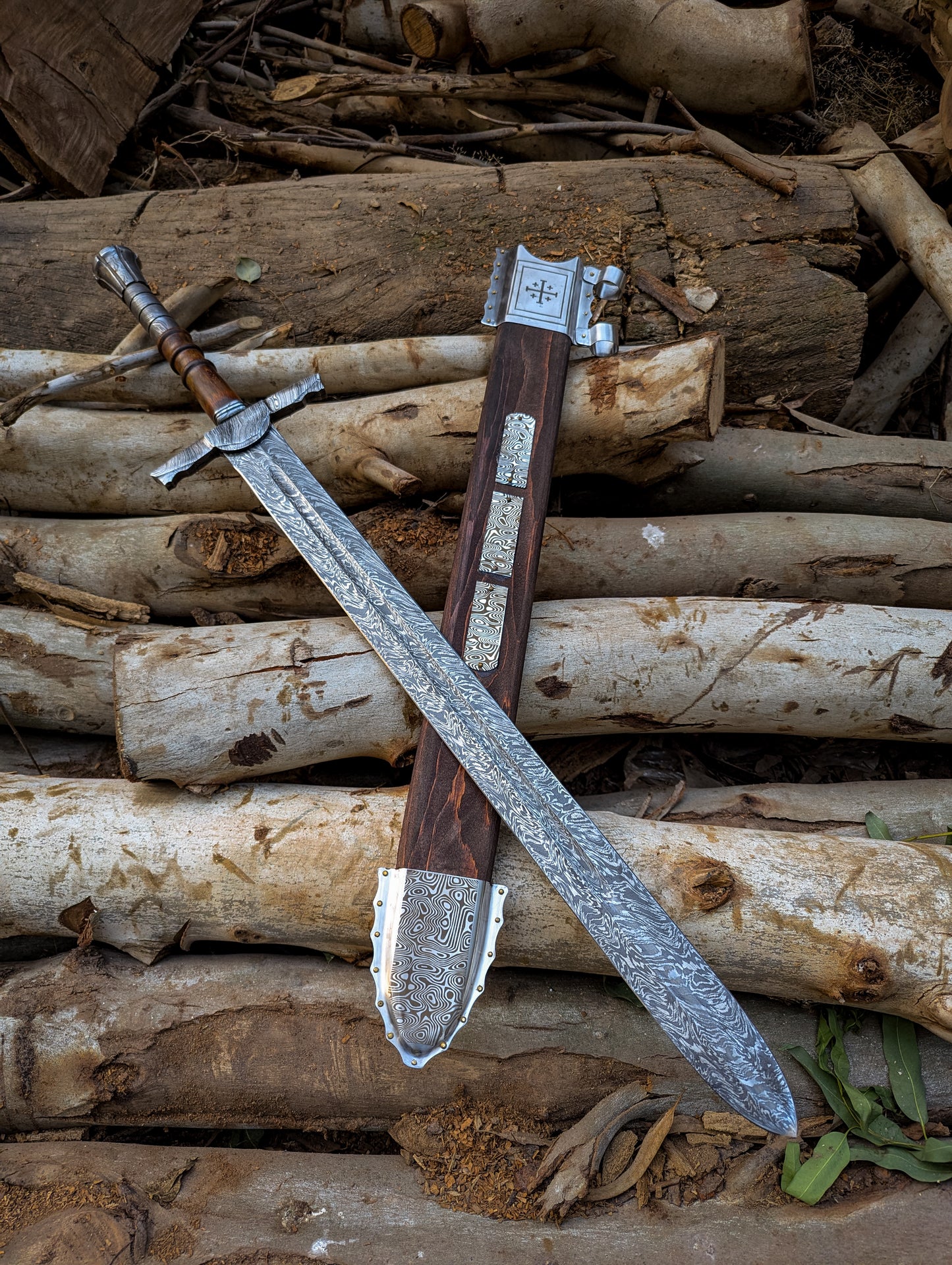 Handmade Damascus Steel Arming Sword Scabbard, Knight Longsword, Decorative Damascus Cosplay Sword Wall Decor Gift