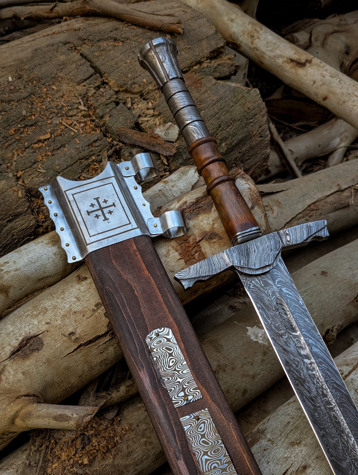 Handmade Damascus Steel Arming Sword Scabbard, Knight Longsword, Decorative Damascus Cosplay Sword Wall Decor Gift