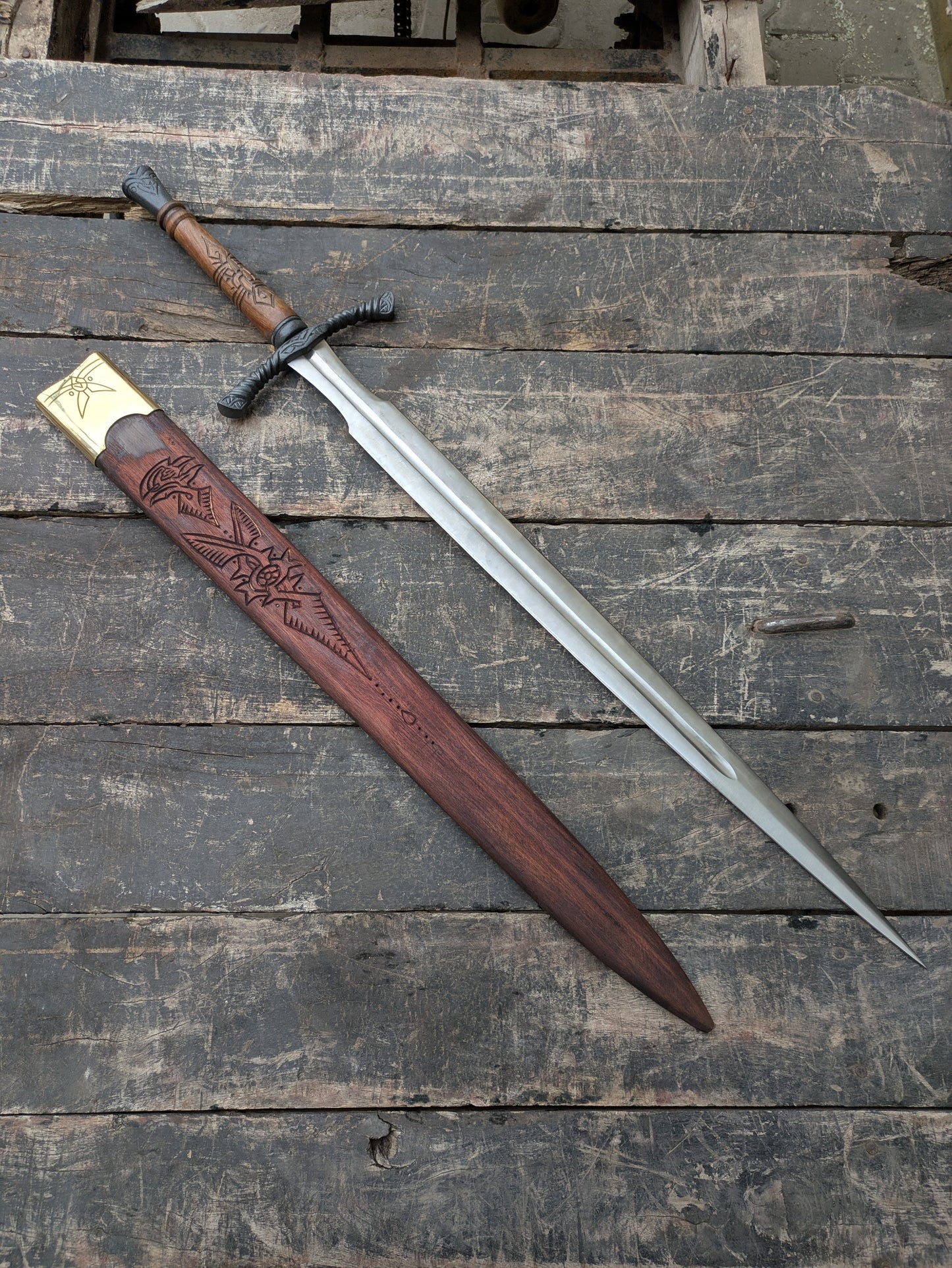 Medieval Cosplay Sword Prop, Engraved Wooden Handle, Leather Scabbard, Knight Costume Accessory