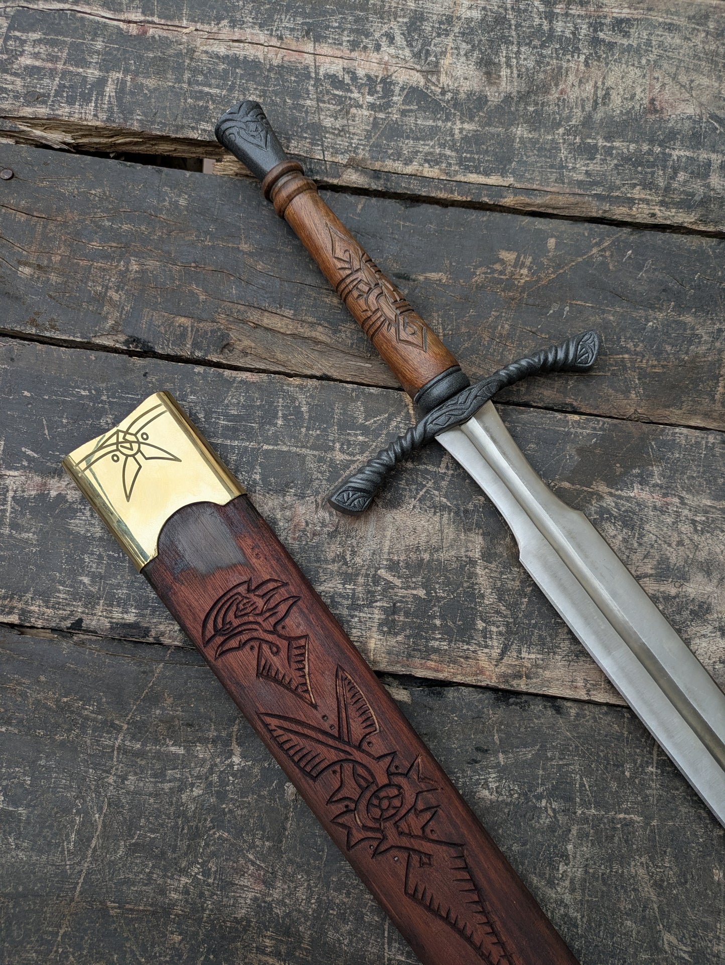 Medieval Cosplay Sword Prop, Engraved Wooden Handle, Leather Scabbard, Knight Costume Accessory