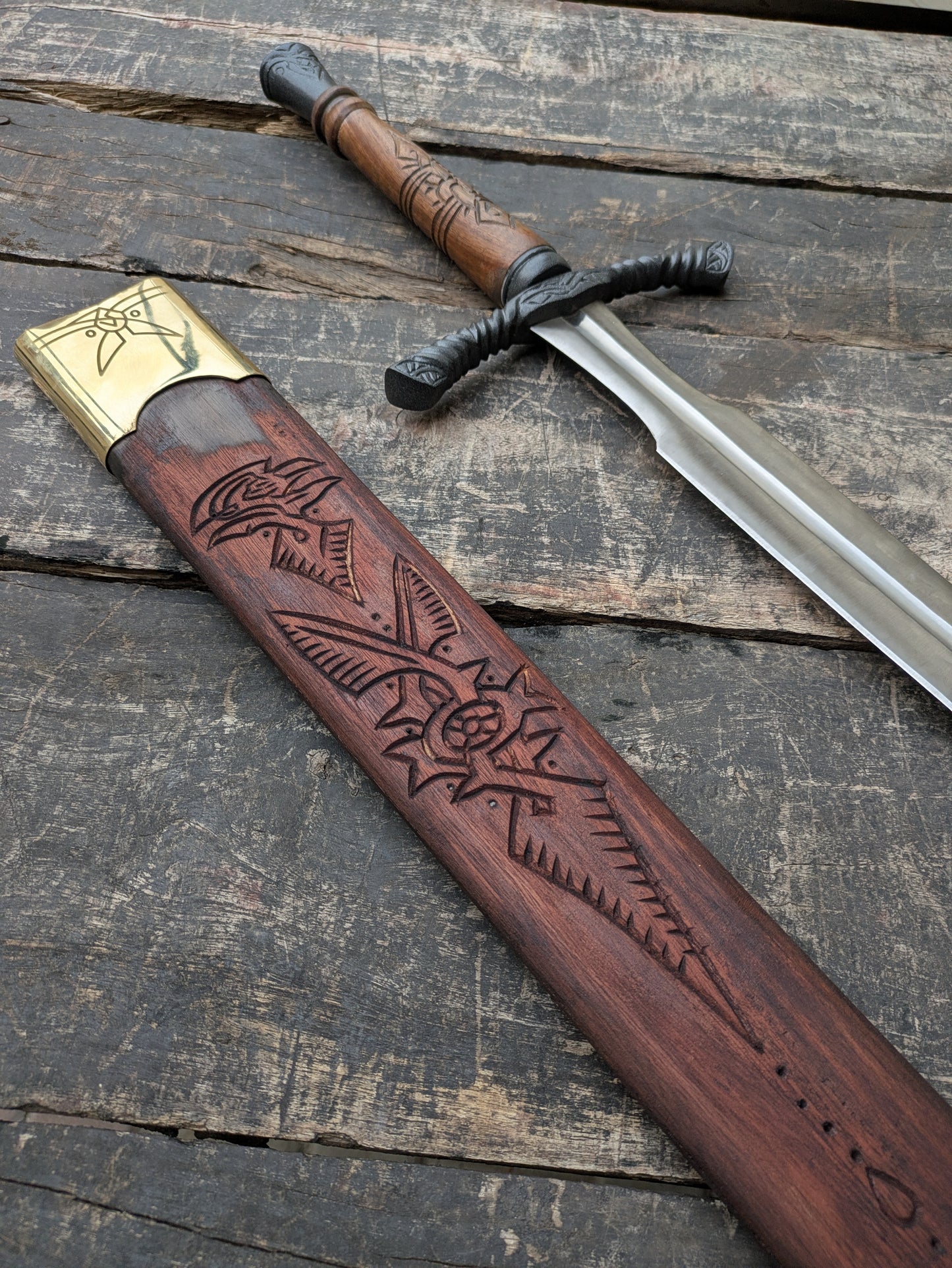 Medieval Cosplay Sword Prop, Engraved Wooden Handle, Leather Scabbard, Knight Costume Accessory
