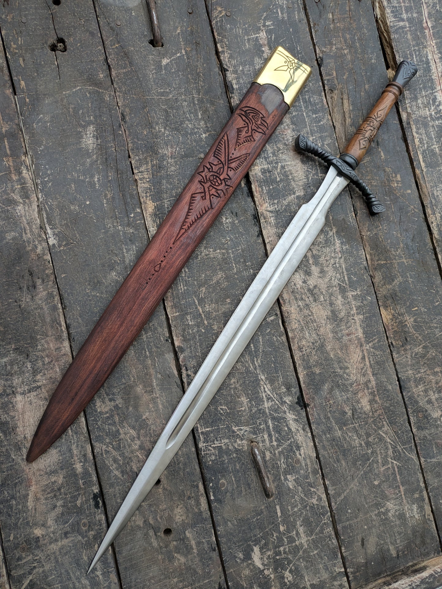 Medieval Cosplay Sword Prop, Engraved Wooden Handle, Leather Scabbard, Knight Costume Accessory