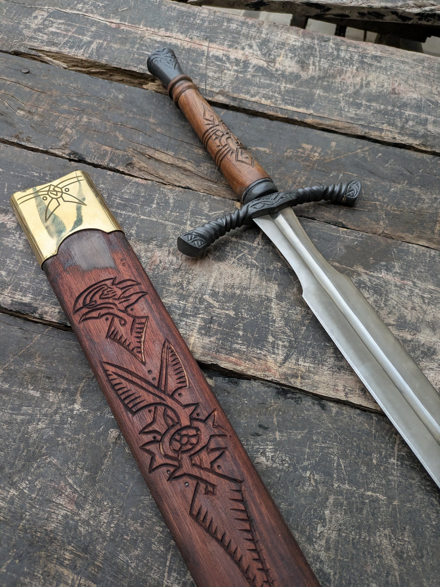Medieval Cosplay Sword Prop, Engraved Wooden Handle, Leather Scabbard, Knight Costume Accessory