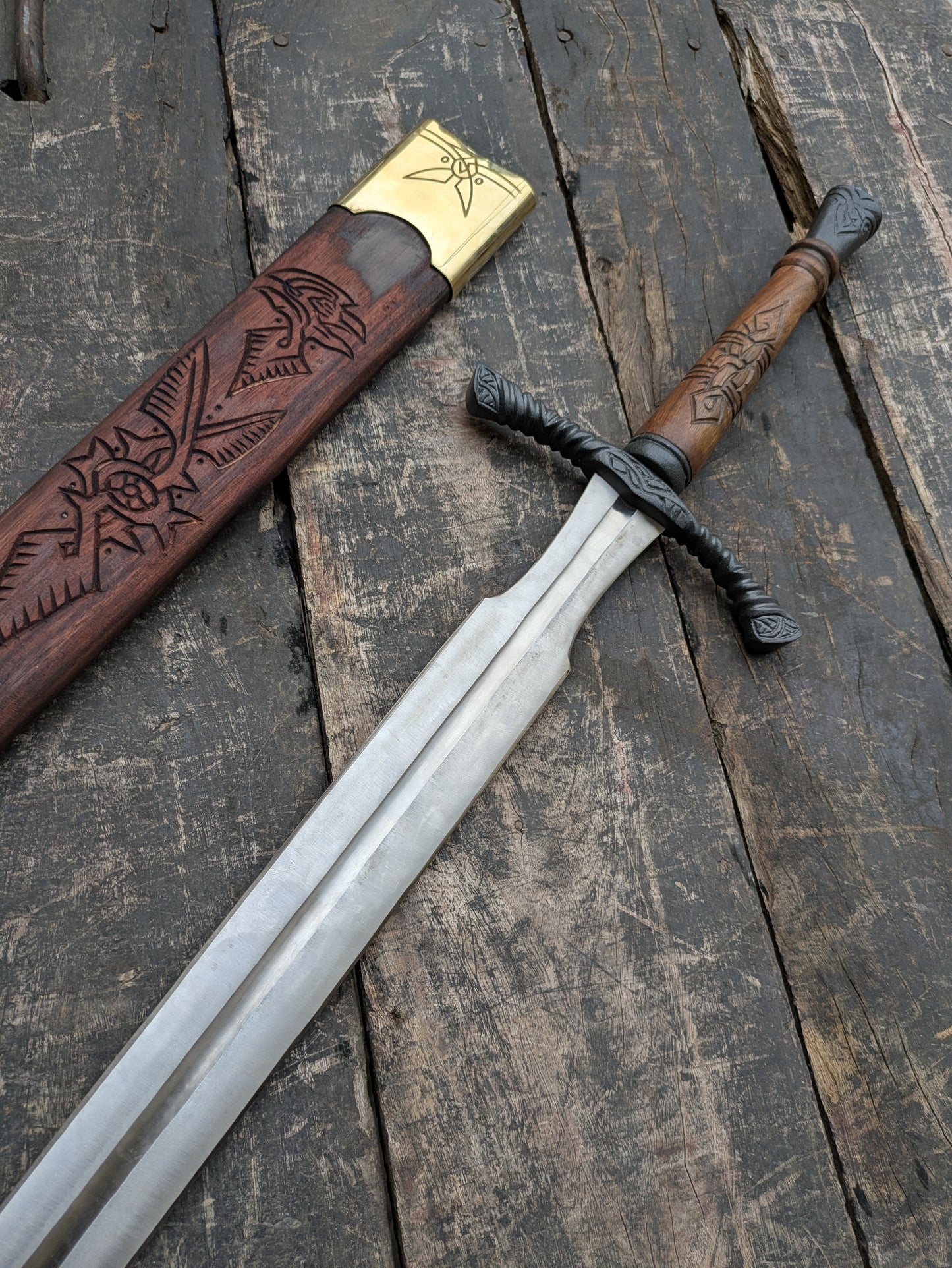 Medieval Cosplay Sword Prop, Engraved Wooden Handle, Leather Scabbard, Knight Costume Accessory