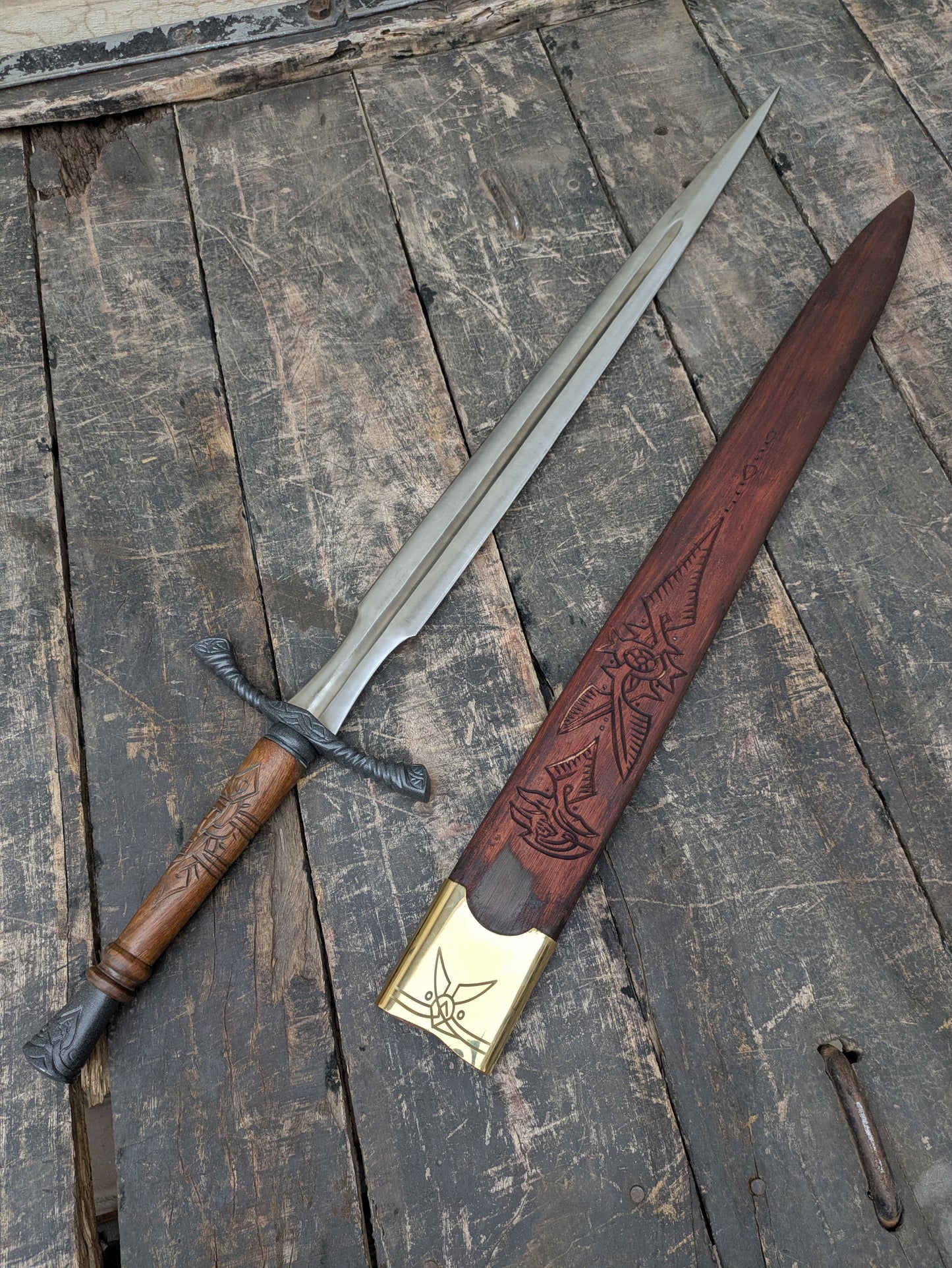 Medieval Cosplay Sword Prop, Engraved Wooden Handle, Leather Scabbard, Knight Costume Accessory