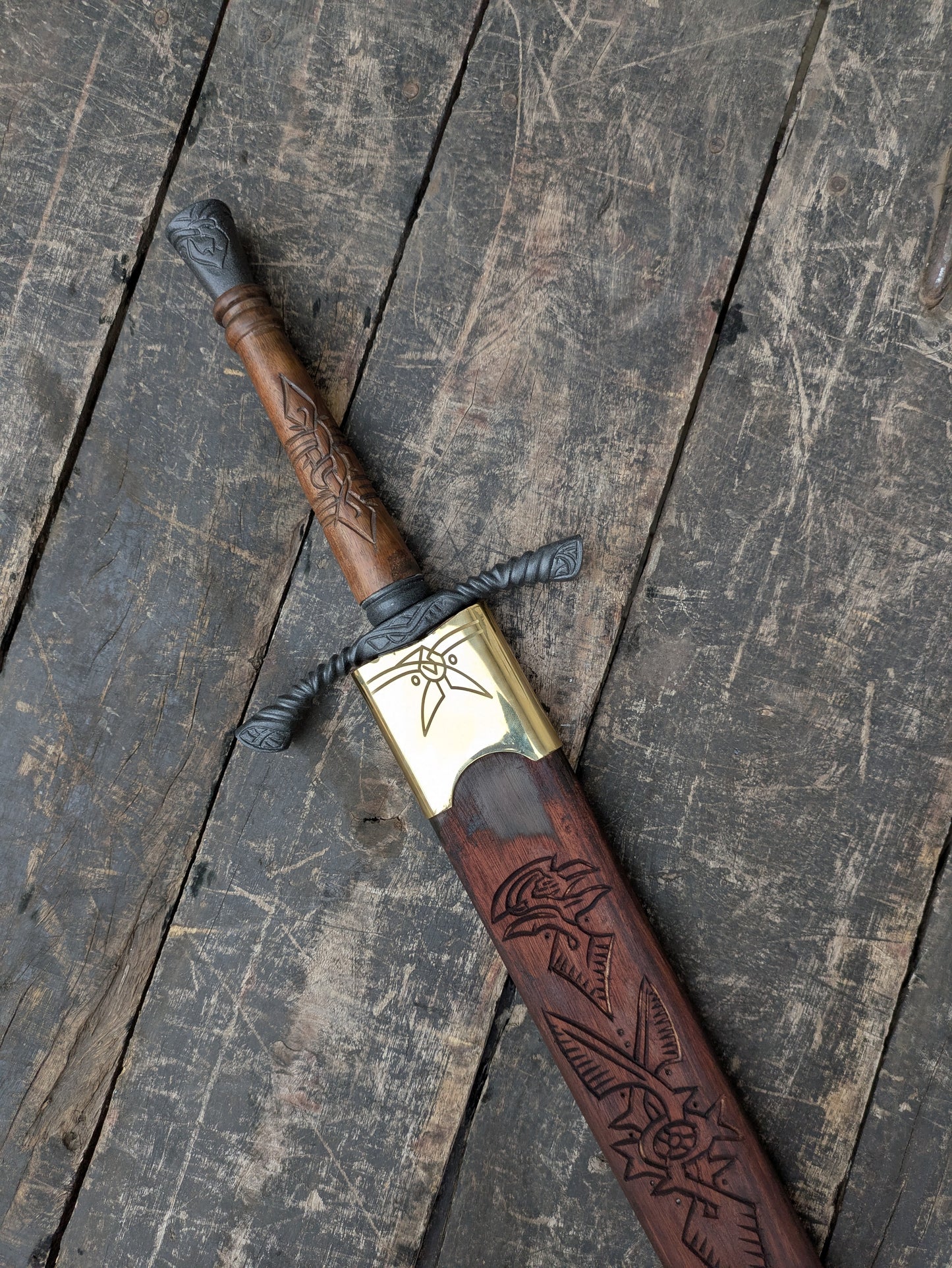 Medieval Cosplay Sword Prop, Engraved Wooden Handle, Leather Scabbard, Knight Costume Accessory